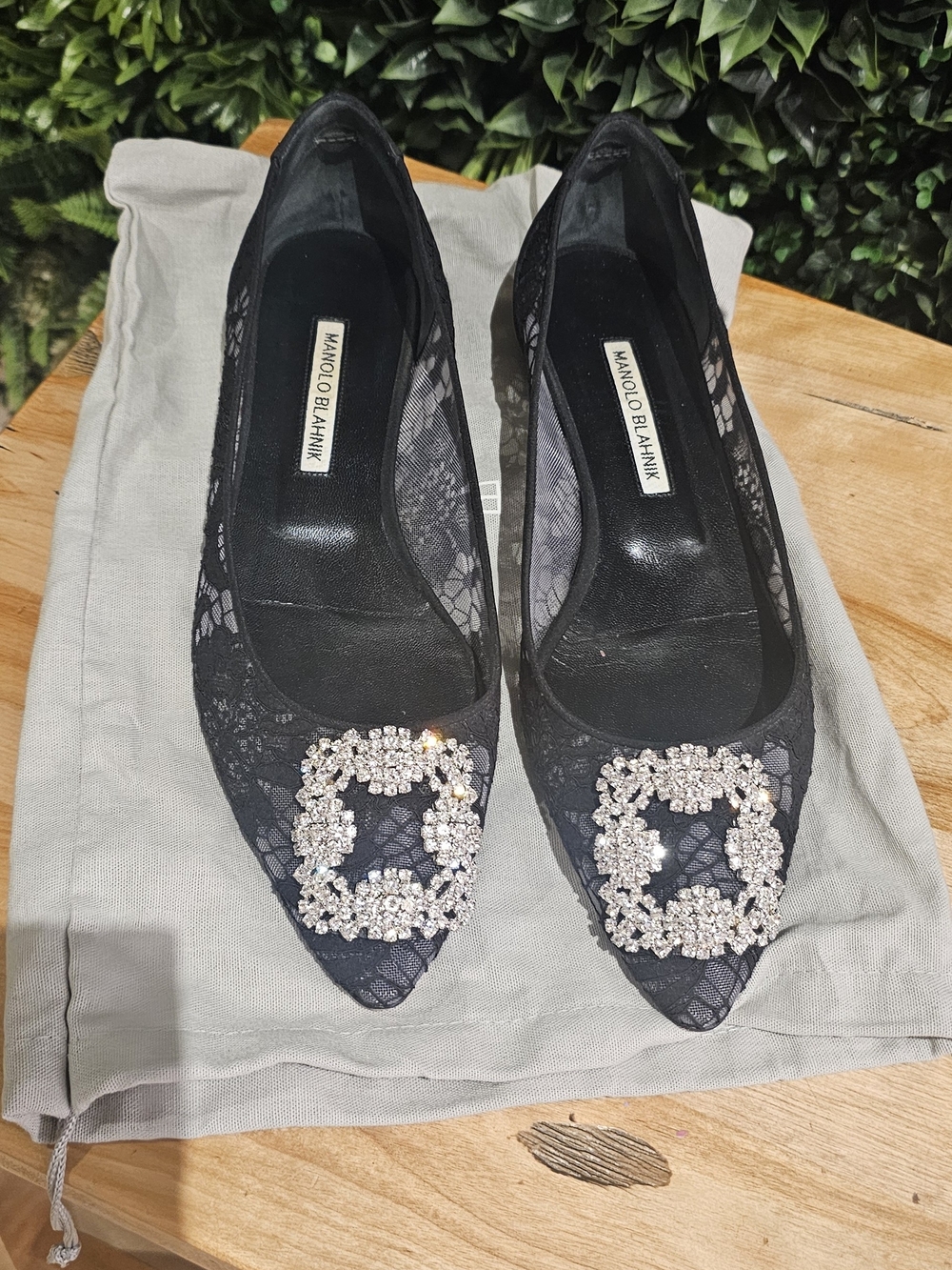 Manolo Blahnik Black Lace Pointed Toe Flats with Crystal Buckle